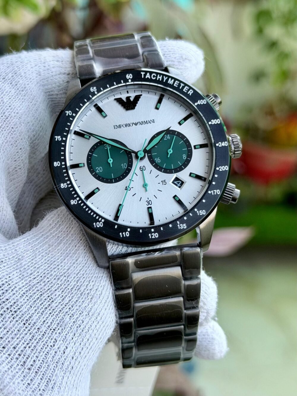 Emporio Armani Diver Chronograph AR11471 White Panda Dial Gunmetal 43mm Quartz Mens