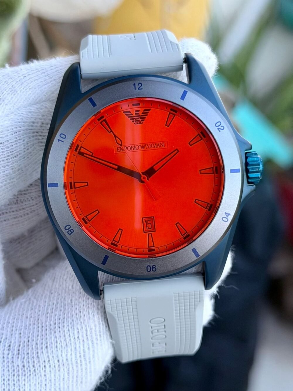 Emporio Armani AR11218 Orange Dial Blue Aluminium White Strap 40mm Quartz Mens