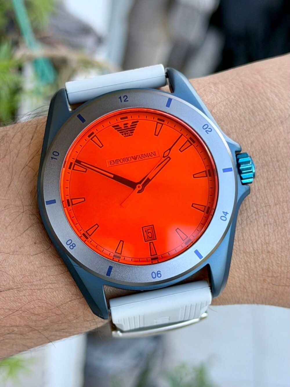 Emporio Armani AR11218 Orange Dial Blue Aluminium White Strap 40mm Quartz Mens – photo 2
