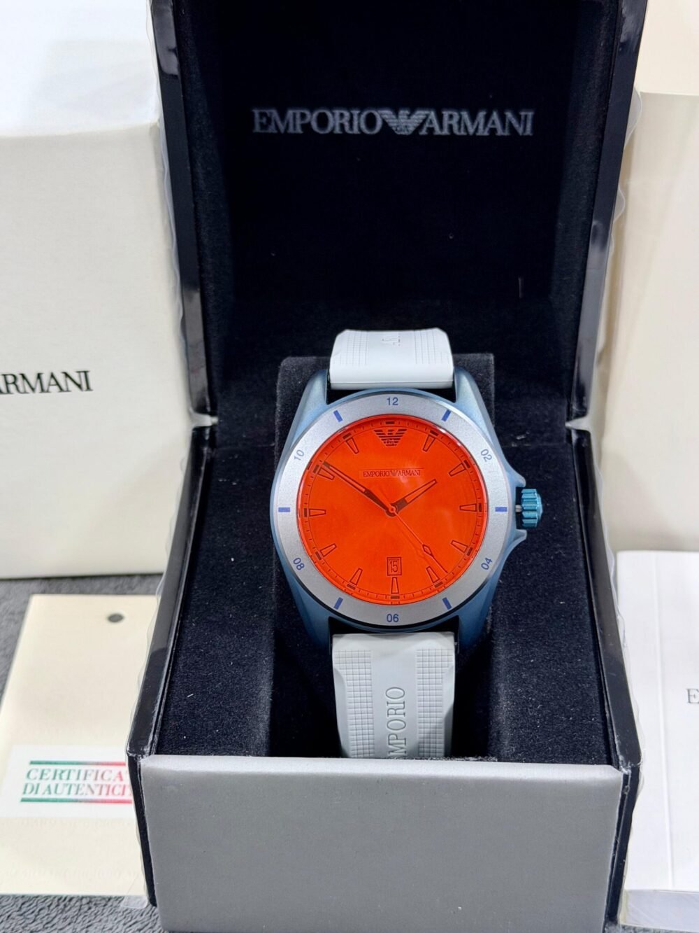 Emporio Armani AR11218 Orange Dial Blue Aluminium White Strap 40mm Quartz Mens – photo 4