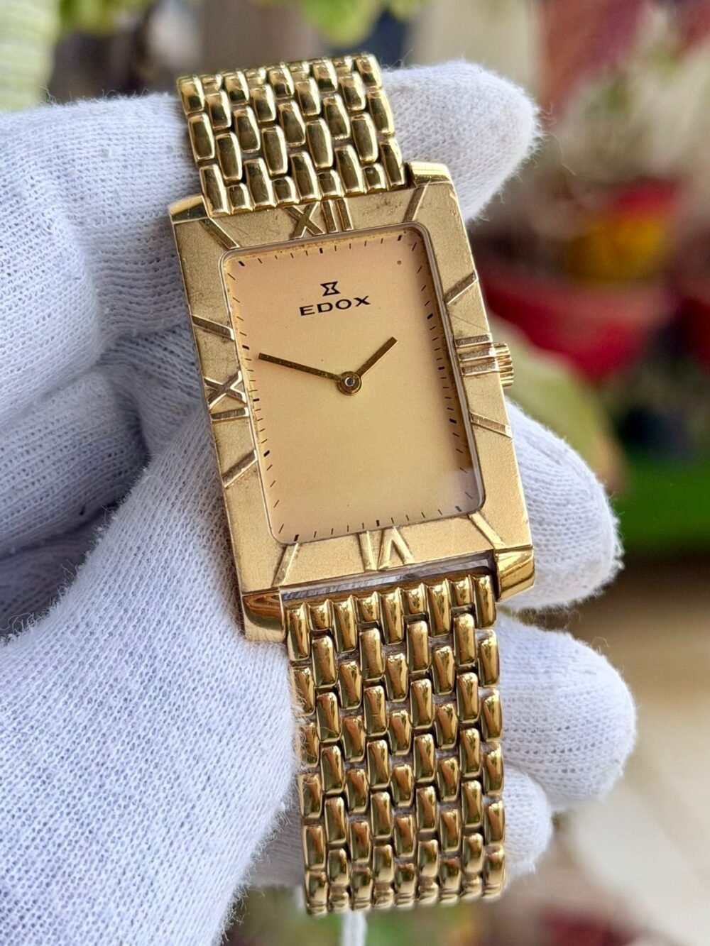 EDOX Tank 2110 Champagne Dial 18k Gold Plated 34x38mm Quartz Swiss Mens