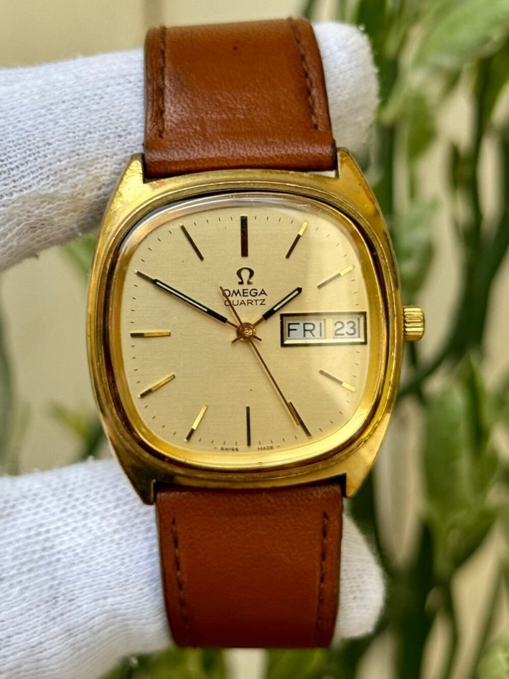 OMEGA Vintage 196.0066 Champagne Day-Date Dial Gold Plated 38mm Quartz Swiss Mens