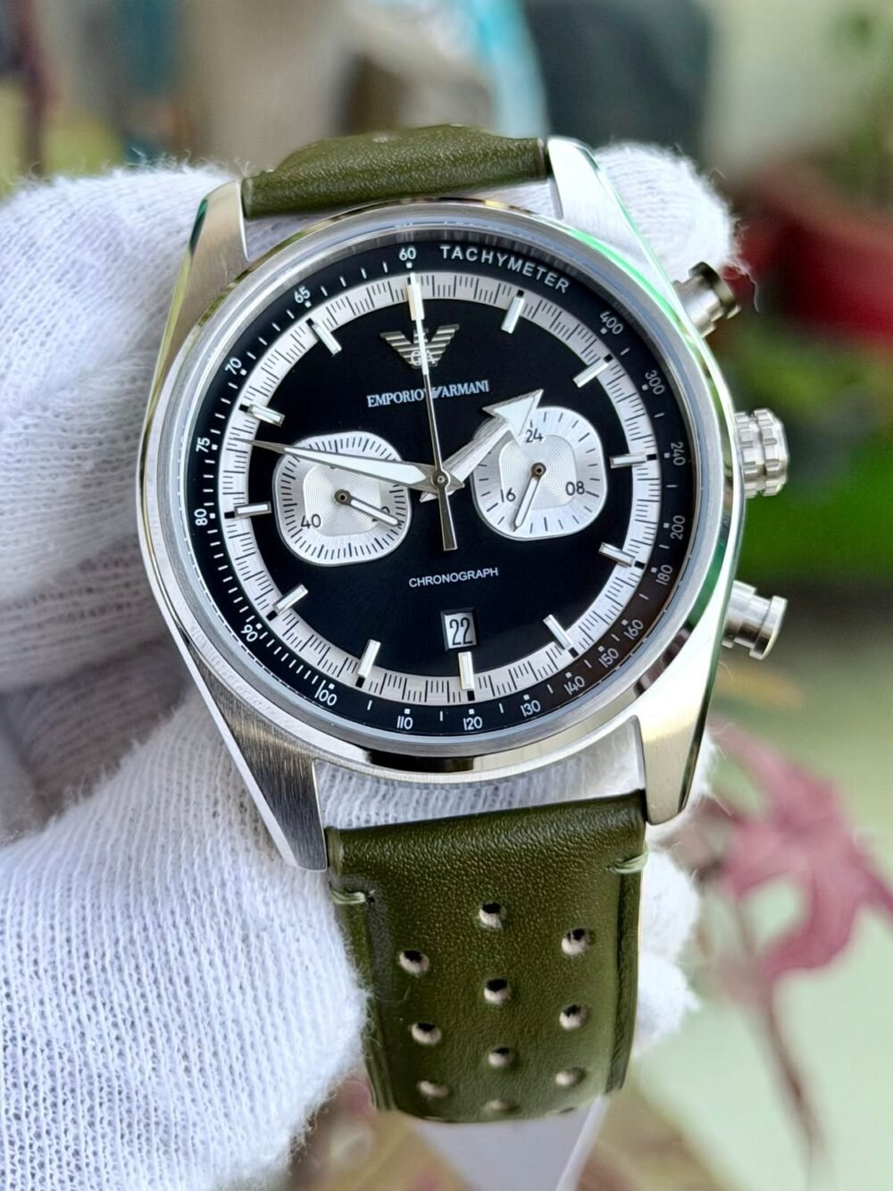 Emporio Armani Racer Chronograph AR11709 Black Panda Dial Green Leather 42mm Quartz Mens