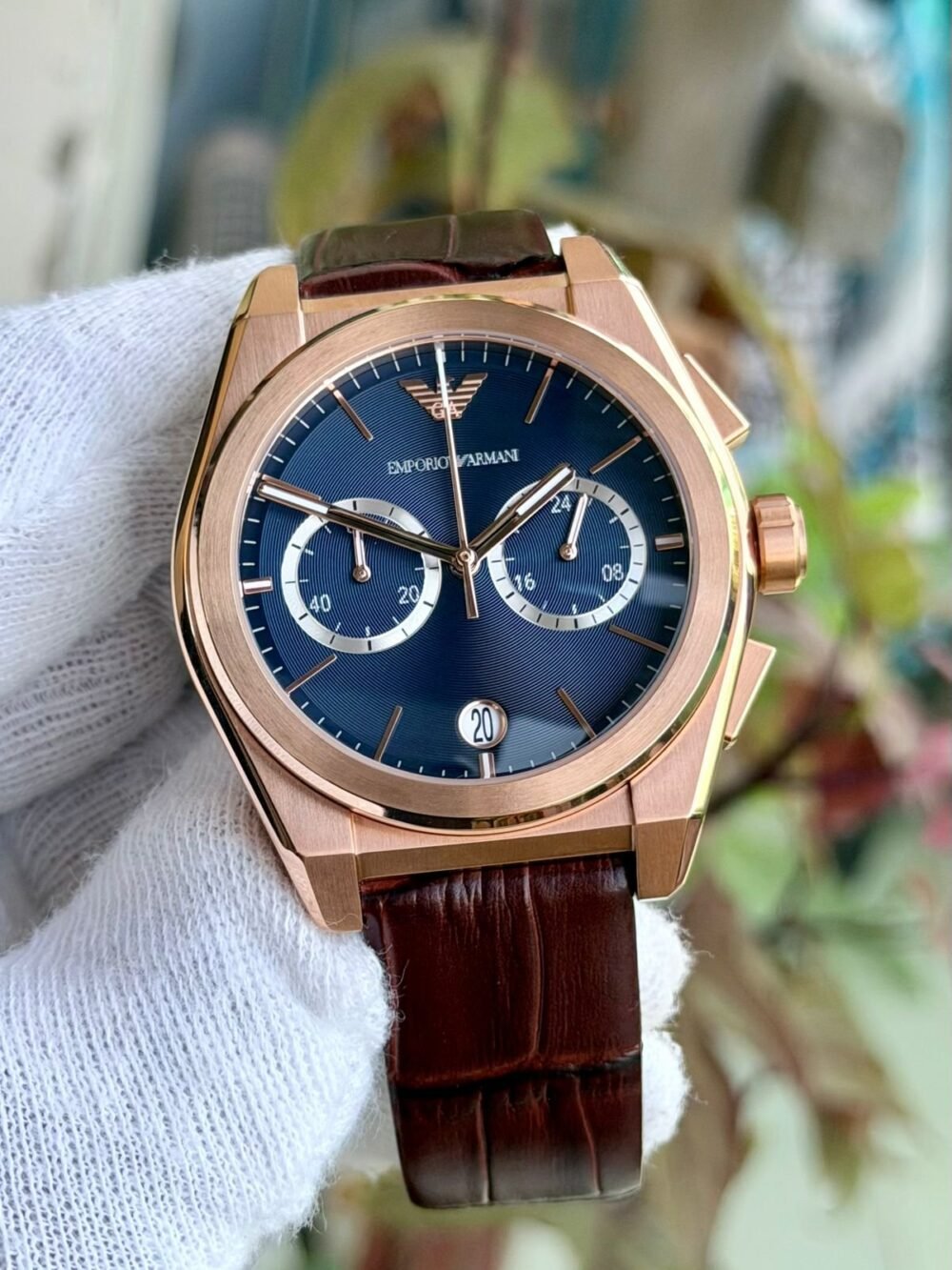 Emporio Armani Federico Chronograph AR11563 Blue Dial Rose Gold Leather 43mm Quartz Mens