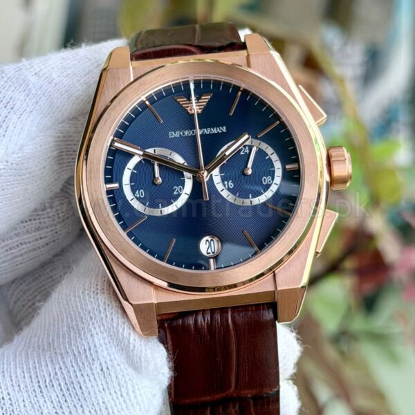 Emporio Armani Federico Chronograph AR11563 Blue Dial Rose Gold Leather 43mm Quartz Mens