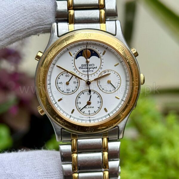 SEIKO Chronograph Moonphase 7T36-6A00 White Dial Two-Tone Quartz Japan Mens