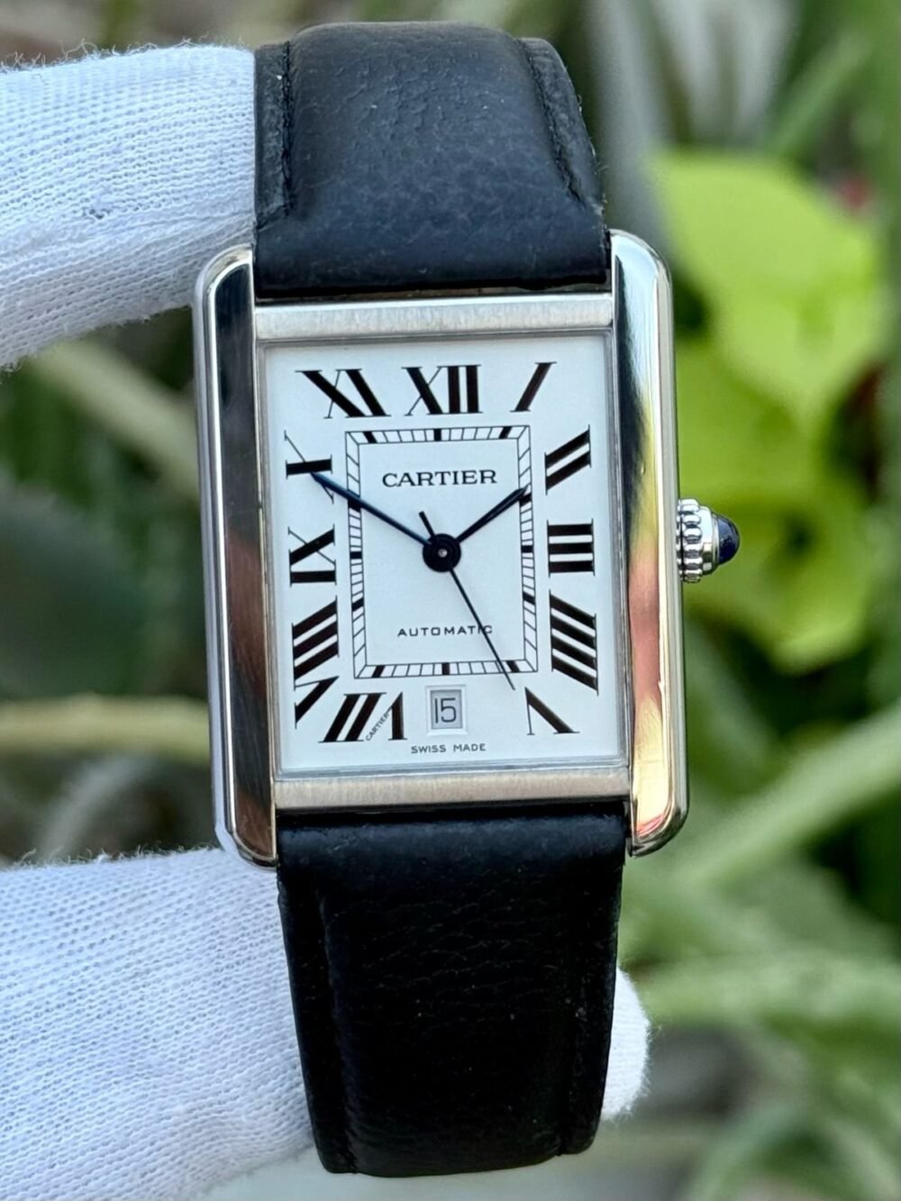 CARTIER Tank Solo XL 3800 W5200027 Silver Dial Leather Automatic Swiss Mens