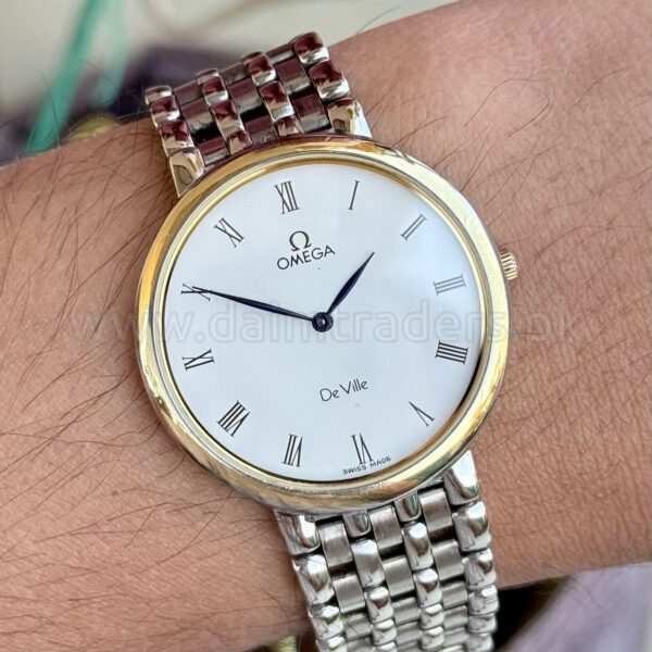 OMEGA De Ville 196.0312 White Roman Dial 18k Gold Bezel 34mm Quartz Swiss Mens
