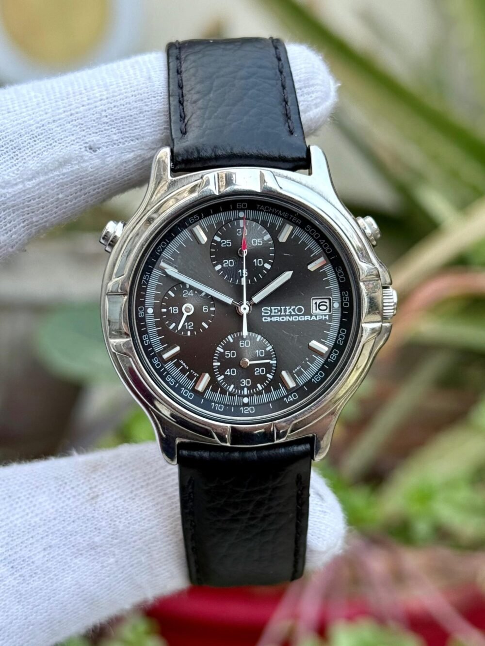 SEIKO Chronograph 7T27 Black Dial 37mm Vintage Quartz Japan Mens