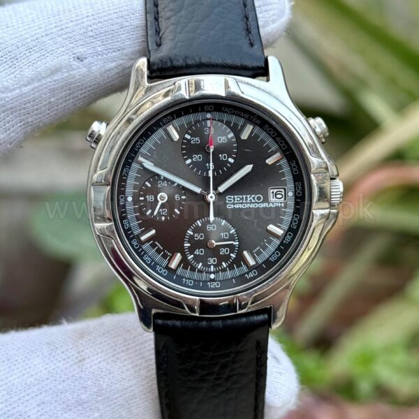 SEIKO Chronograph 7T27 Black Dial 37mm Vintage Quartz Japan Mens