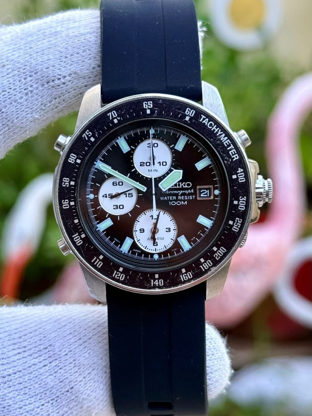 SEIKO Vintage Panda Chronograph 7T32-7H00 Black Dial 100m 38mm Quartz Japan Mens