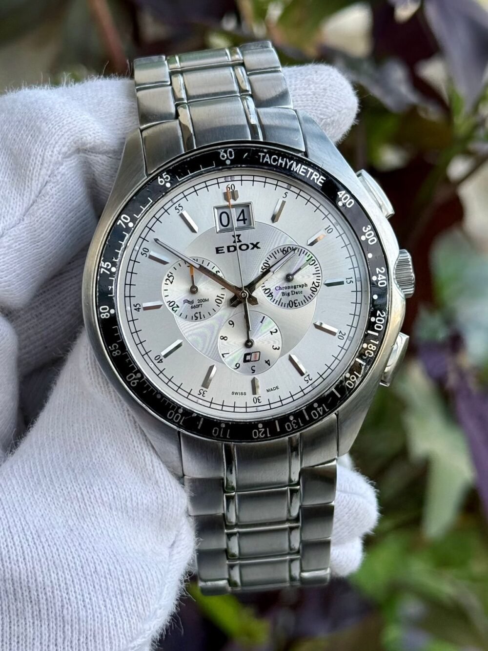EDOX Classic One Chronograph 10007 Silver Dial Big Date 44mm Quartz Swiss Mens