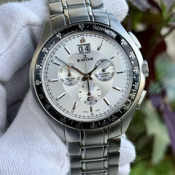 EDOX Classic One Chronograph 10007 Silver Dial Big Date 44mm Quartz Swiss Mens