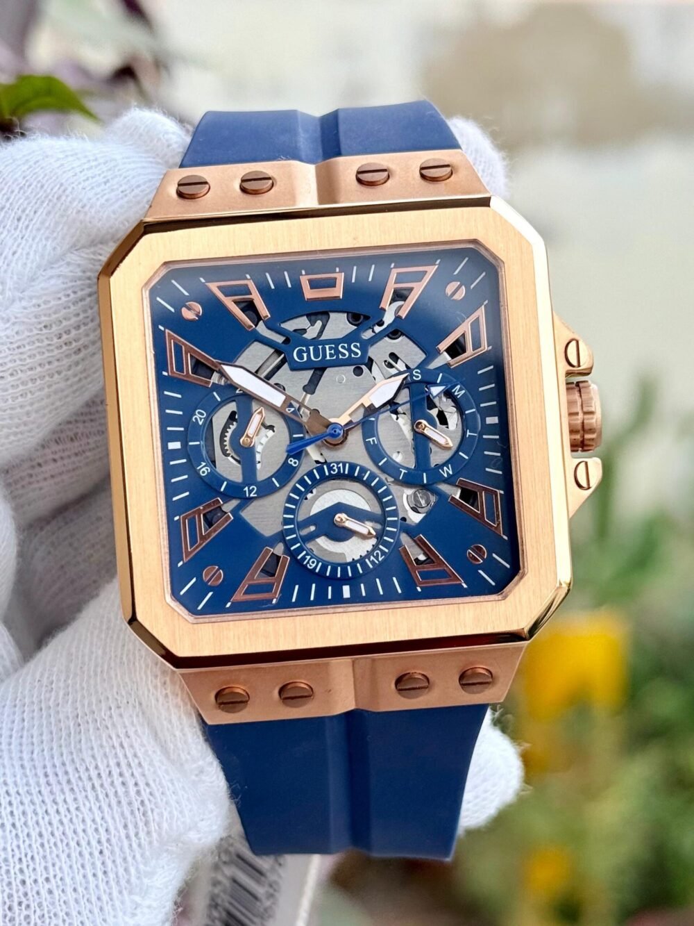 GUESS Leo GW0637G3 Blue Dial Rose Gold Tone Square 43mm Quartz Mens