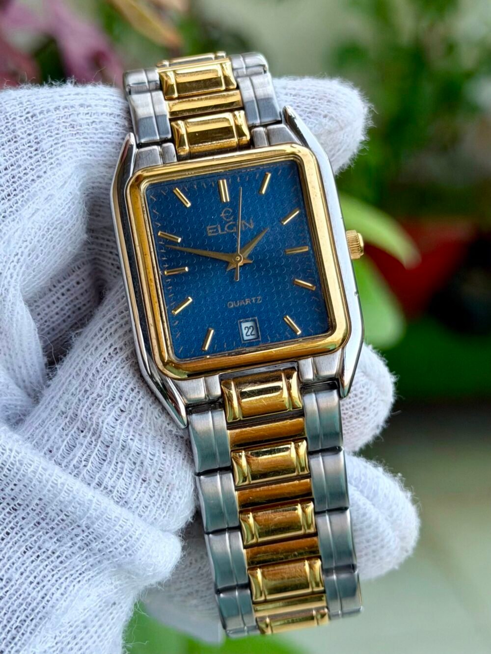 ELGIN Tank FOM095 Blue Dial Two-Tone 34x38mm Quartz Japan Mens