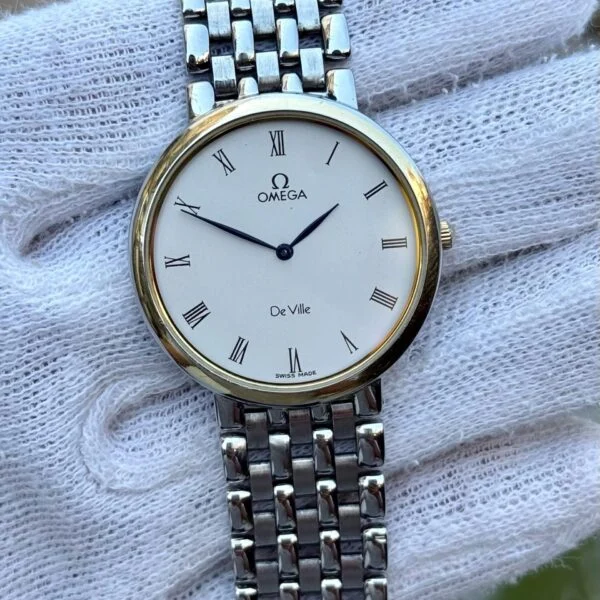 OMEGA De Ville 196.0312 White Roman Dial 18k Gold Bezel 34mm Quartz Swiss Mens