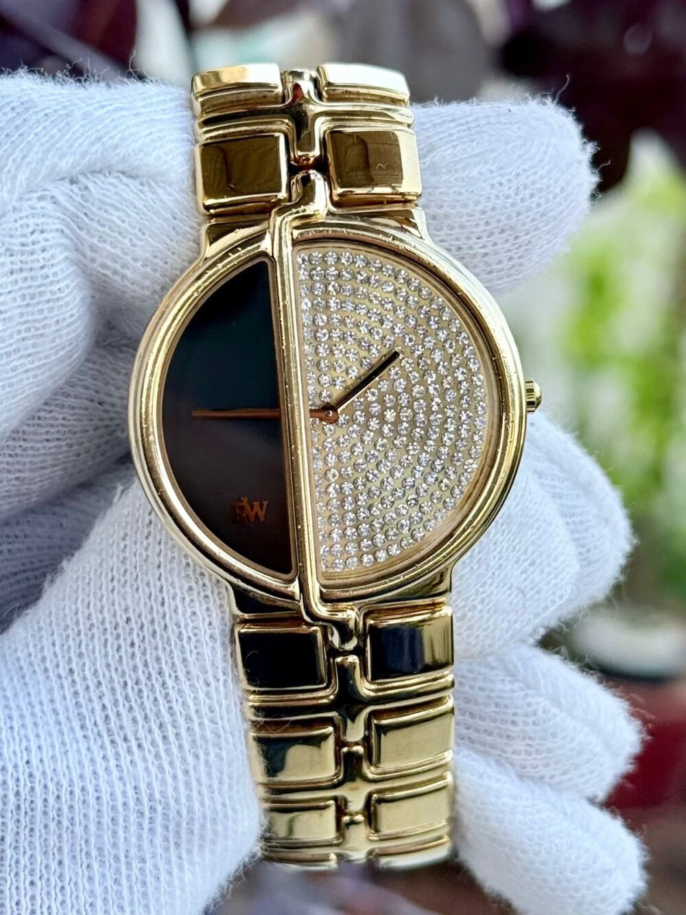Raymond Weil Fidelio 3725 Black & Crystal Pave Dial Gold Plated 36mm Quartz Swiss Mens