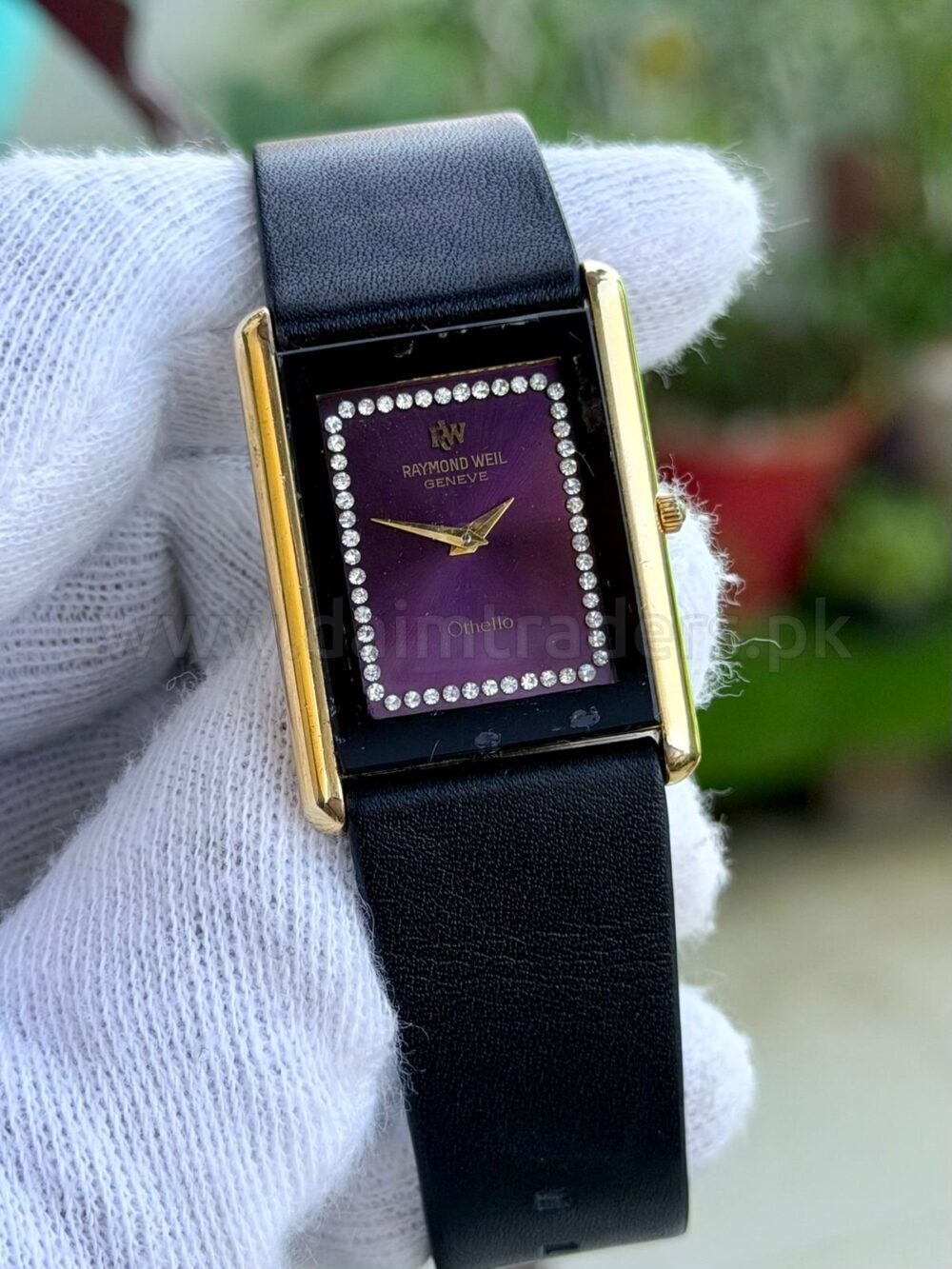 Raymond Weil Othello 3770 Purple Dial Crystal Set Gold Plated 32x36mm Quartz Swiss Mens