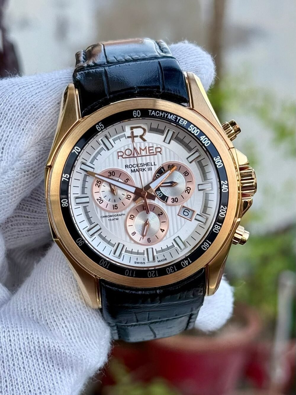 ROAMER RockShell Mark III Chronograph 220837 Silver Dial Rose Gold PVD 44mm Quartz Swiss Mens