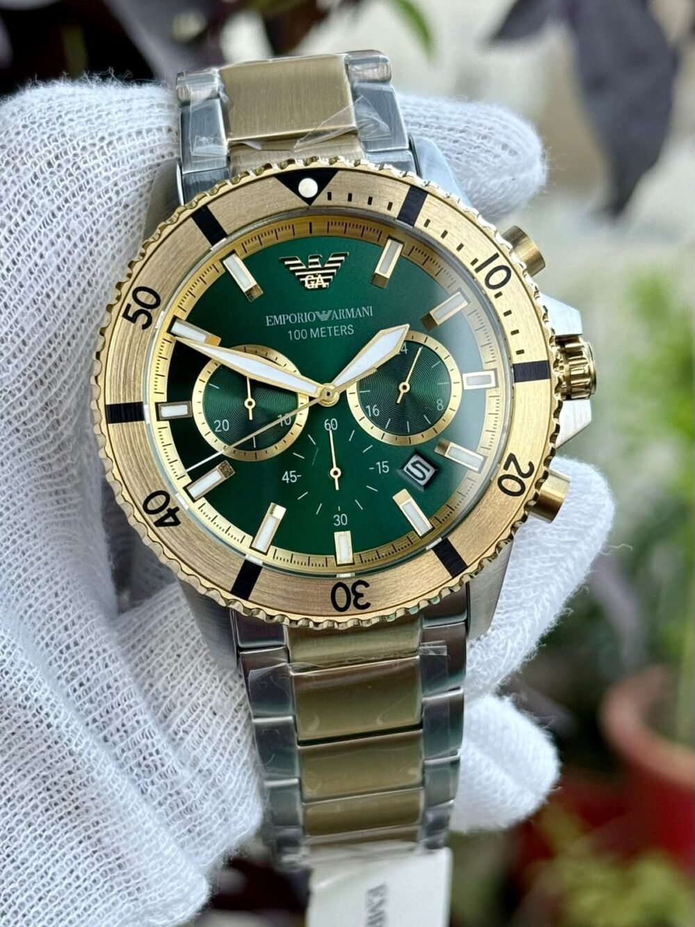 Emporio Armani Diver Chronograph AR11586 Green Dial Two-Tone 42mm Quartz Mens