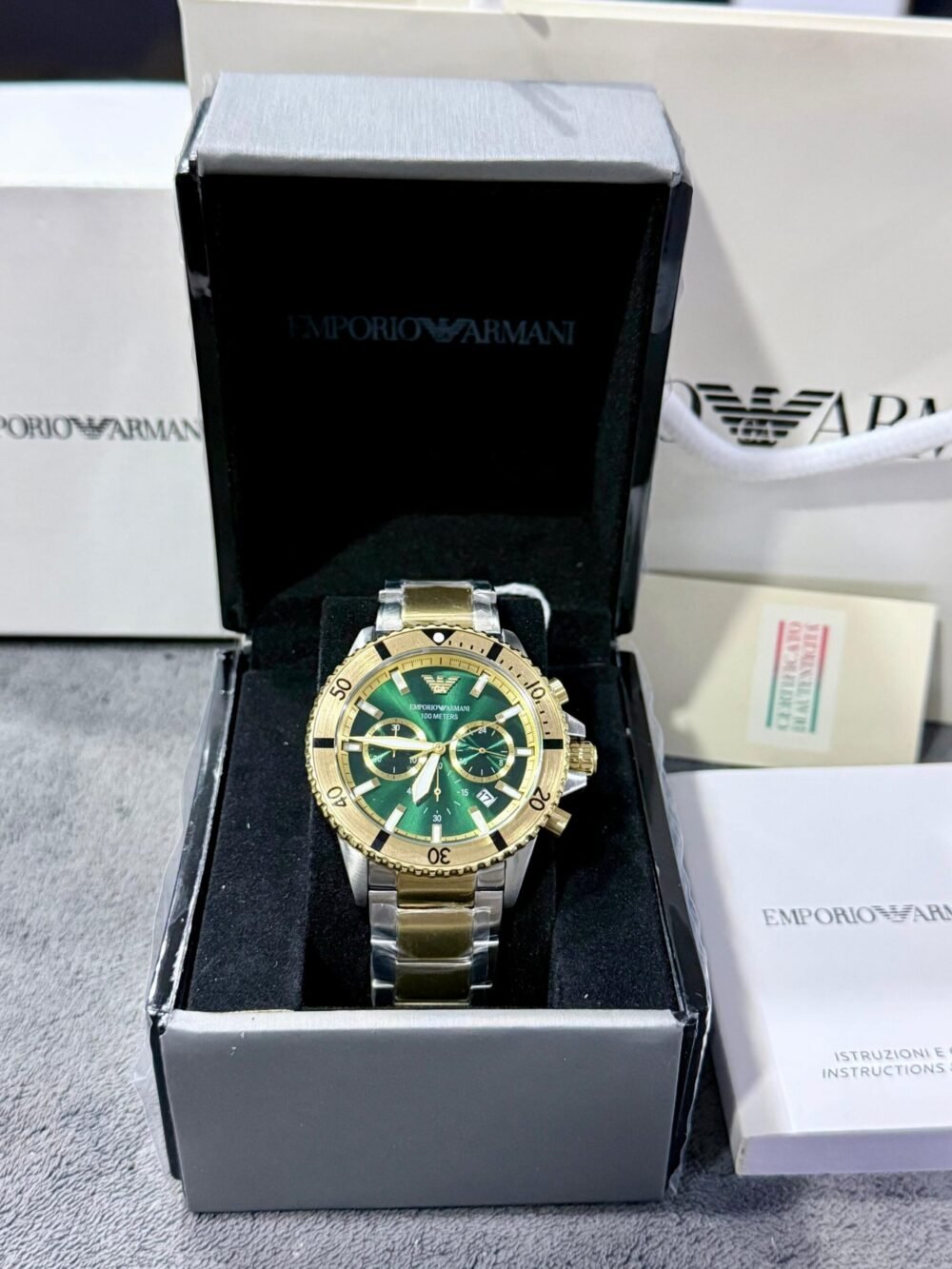 Emporio Armani Diver Chronograph AR11586 Green Dial Two-Tone 42mm Quartz Mens – photo 4