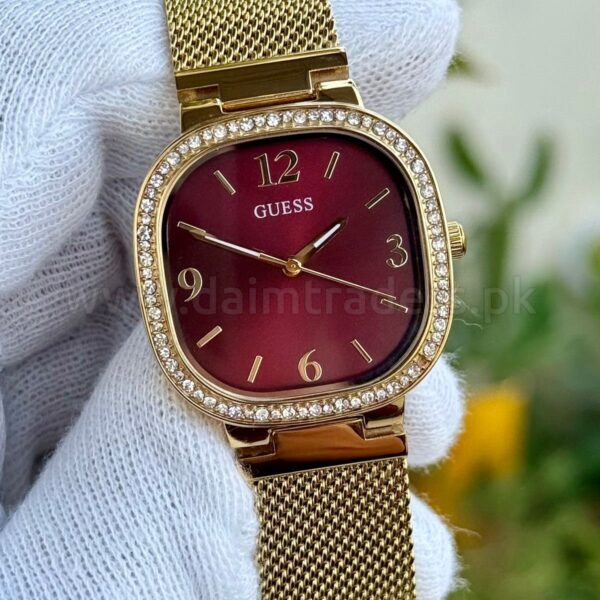 GUESS GW0354L4 Burgundy Dial Crystal Bezel Gold Mesh 32mm Quartz Ladies