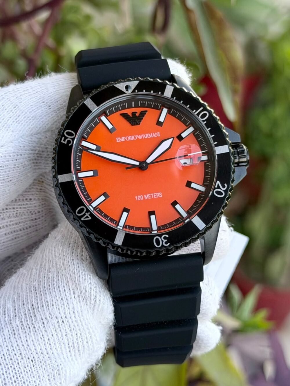 Emporio Armani Diver AR11684 Orange Dial Black IP Rubber 41mm Quartz Mens