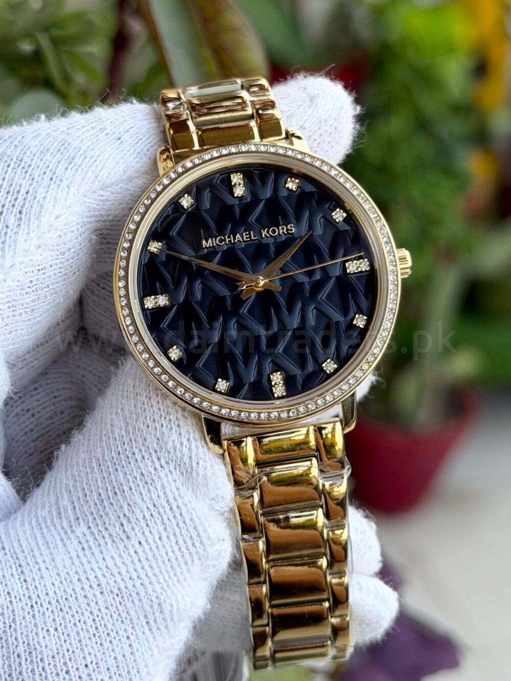 Michael Kors Pyper MK4593 Black Logo Dial Crystal Bezel Gold-Tone 38mm Quartz Ladies