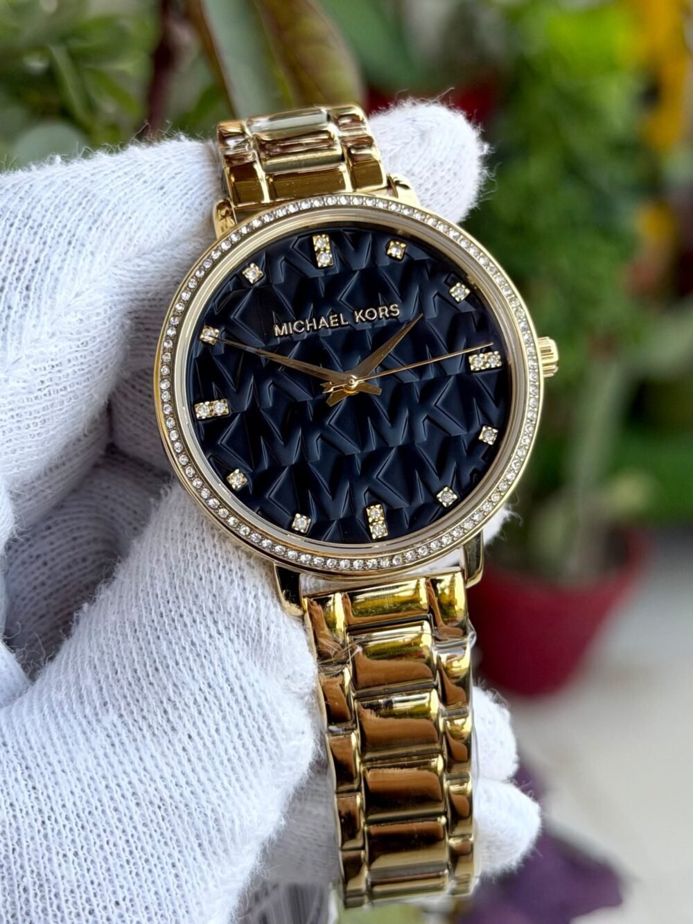 Michael Kors Pyper MK4593 Black Logo Dial Crystal Bezel Gold-Tone 38mm Quartz Ladies