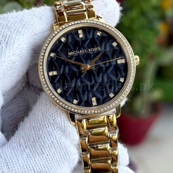 Michael Kors Pyper MK4593 Black Logo Dial Crystal Bezel Gold-Tone 38mm Quartz Ladies