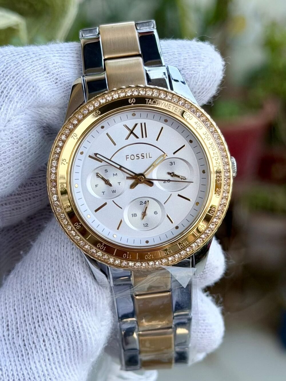 FOSSIL Riley ES5107 White Dial Crystal Bezel Two-Tone 38mm Quartz Ladies