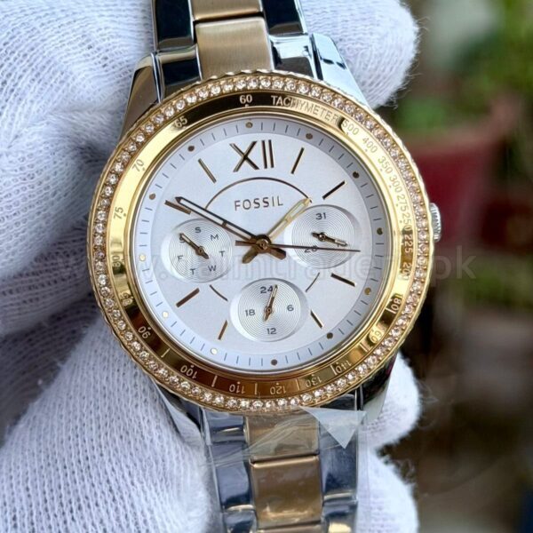FOSSIL Riley ES5107 White Dial Crystal Bezel Two-Tone 38mm Quartz Ladies