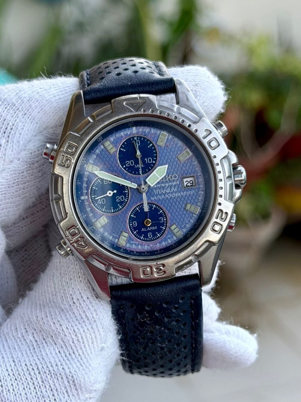 SEIKO Titanium Chronograph 7T32-7H40 Blue Dial 38mm Quartz Japan Mens