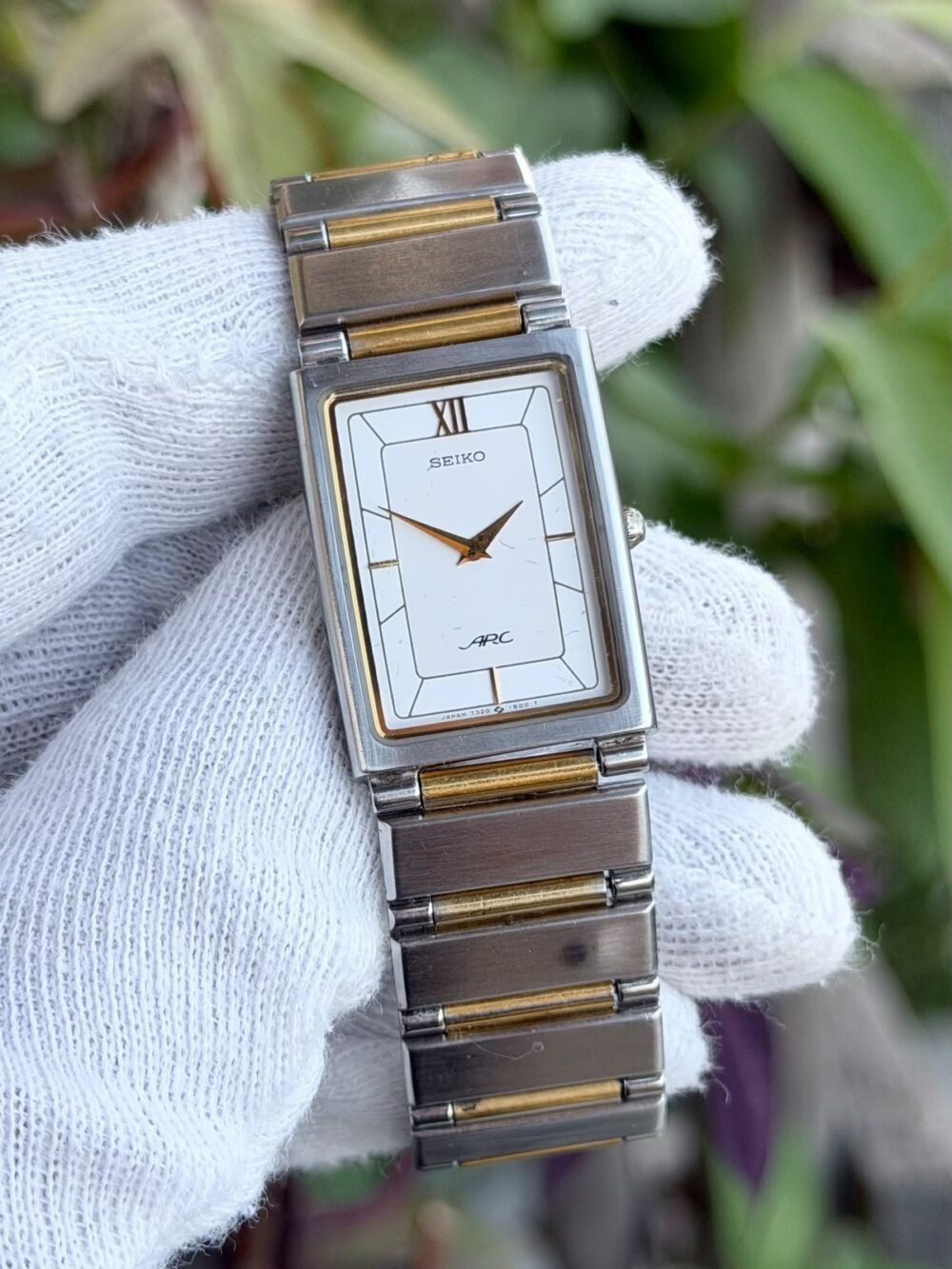 SEIKO ARC 7320-6360 White Roman Dial Two-Tone Tank Quartz Japan Mens