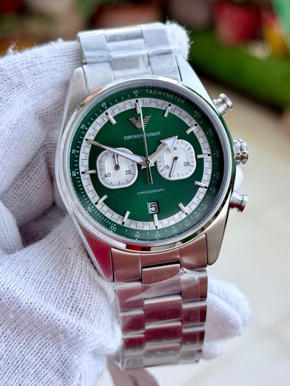 Emporio Armani Racer Chronograph AR11637 Green Panda Dial Steel 42mm Quartz Mens