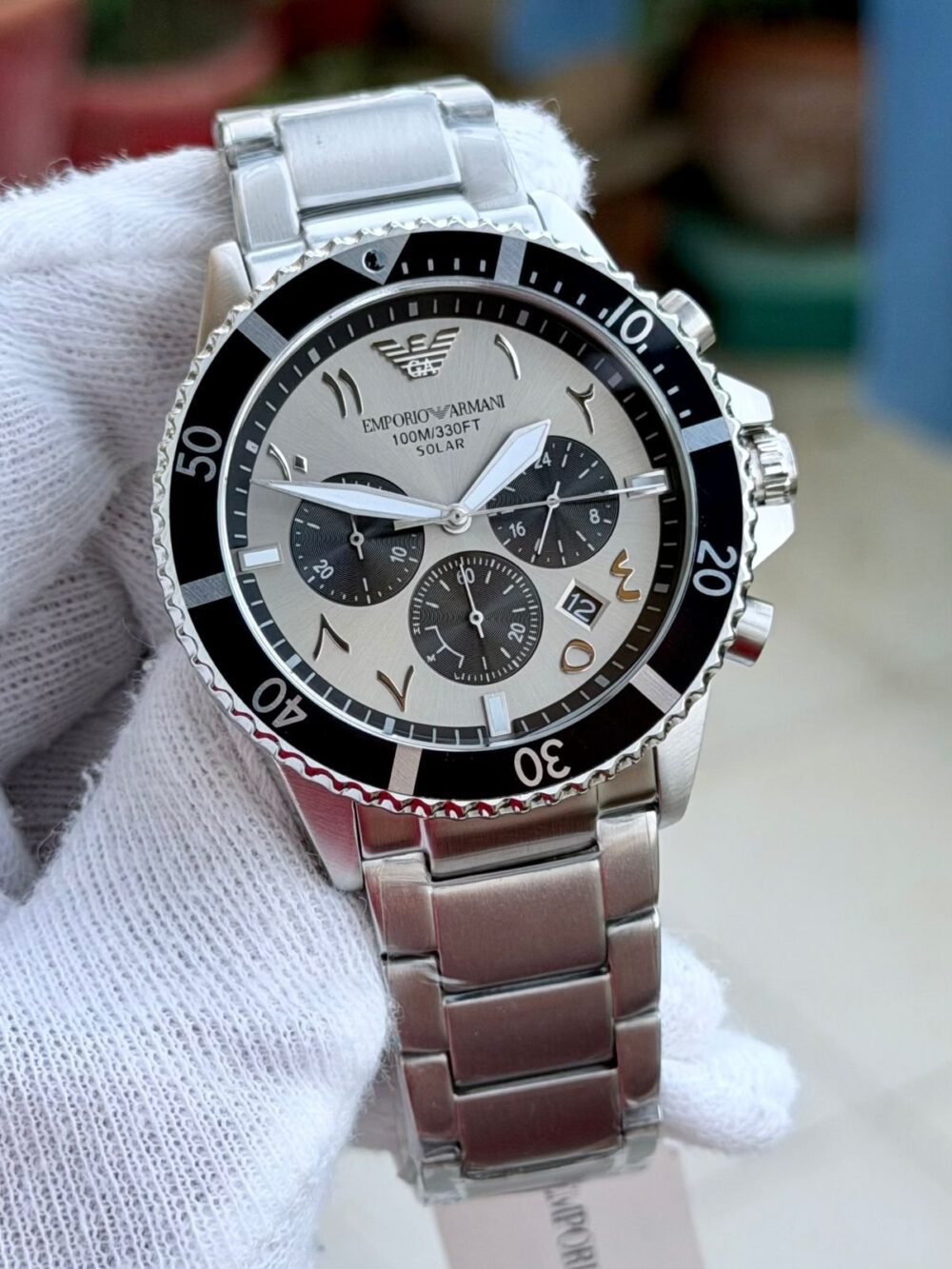 Emporio Armani Solar Chronograph AR11722 White Panda Arabic Dial 43mm Mens