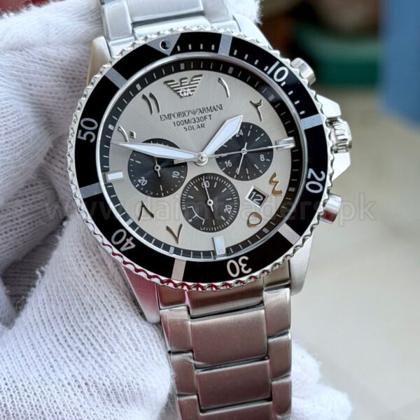 Emporio Armani Solar Chronograph AR11722 White Panda Arabic Dial 43mm Mens