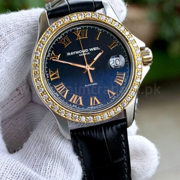 Raymond Weil Parsifal 2970 Blue Roman Dial Aftermarket Diamond Bezel Automatic Swiss Mens