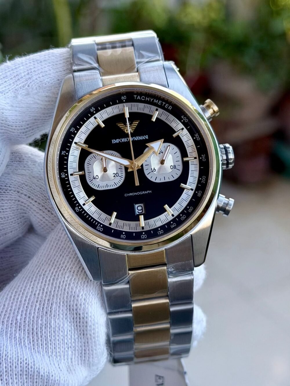 Emporio Armani Racer Chronograph AR11678 Black Panda Dial Two-Tone 42mm Quartz Mens