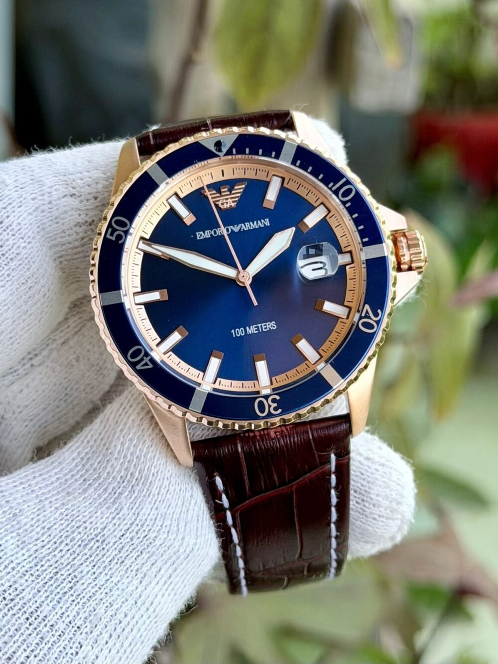 Emporio Armani Diver AR11556 Blue Dial Rose Gold Leather 41mm Quartz Mens