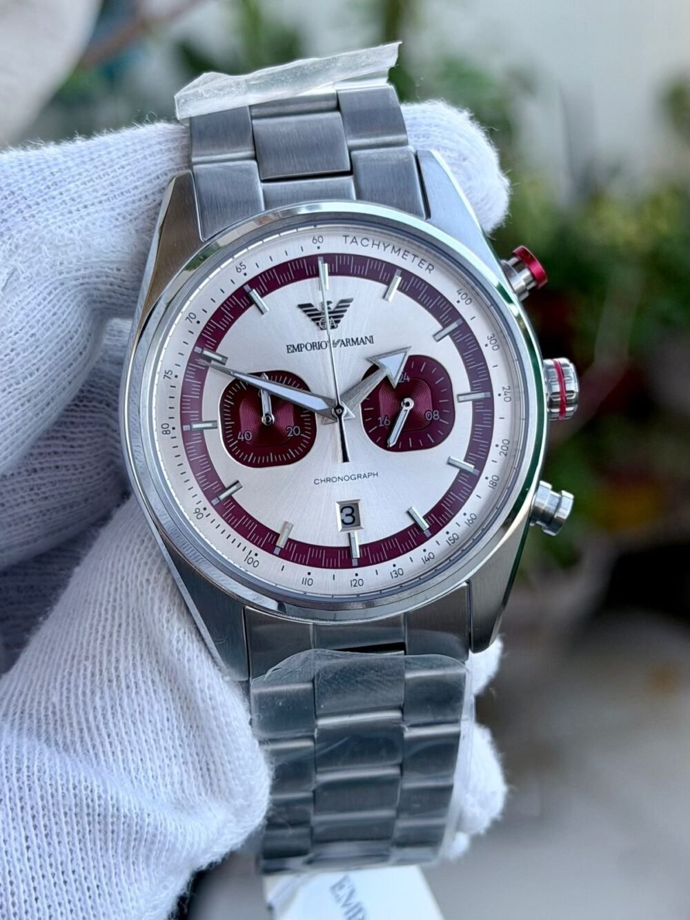 Emporio Armani Racer Chronograph AR11645 White Burgundy Dial Steel 42mm Quartz Mens