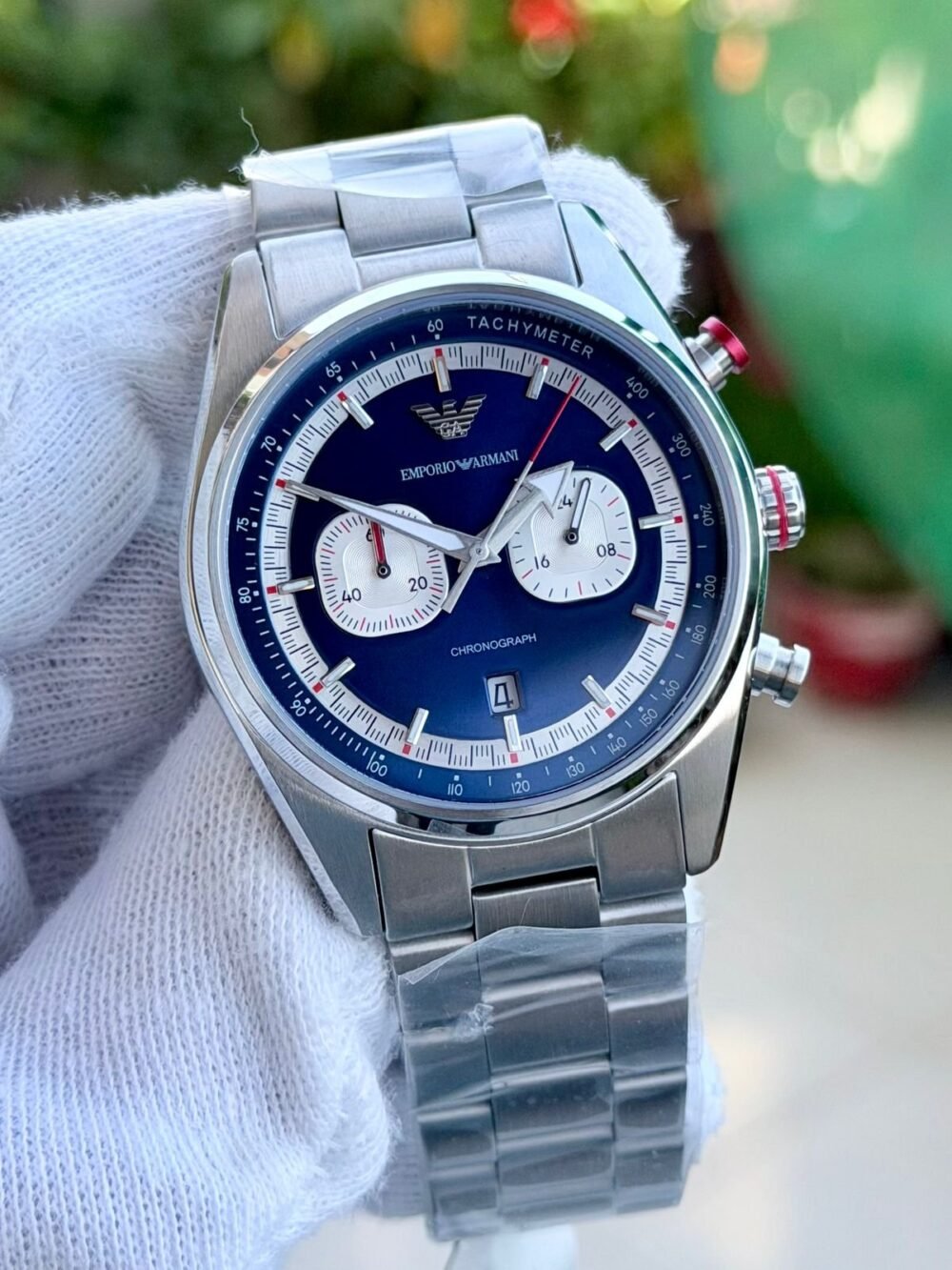Emporio Armani Racer Chronograph AR11676 Blue Panda Dial Steel 42mm Quartz Mens