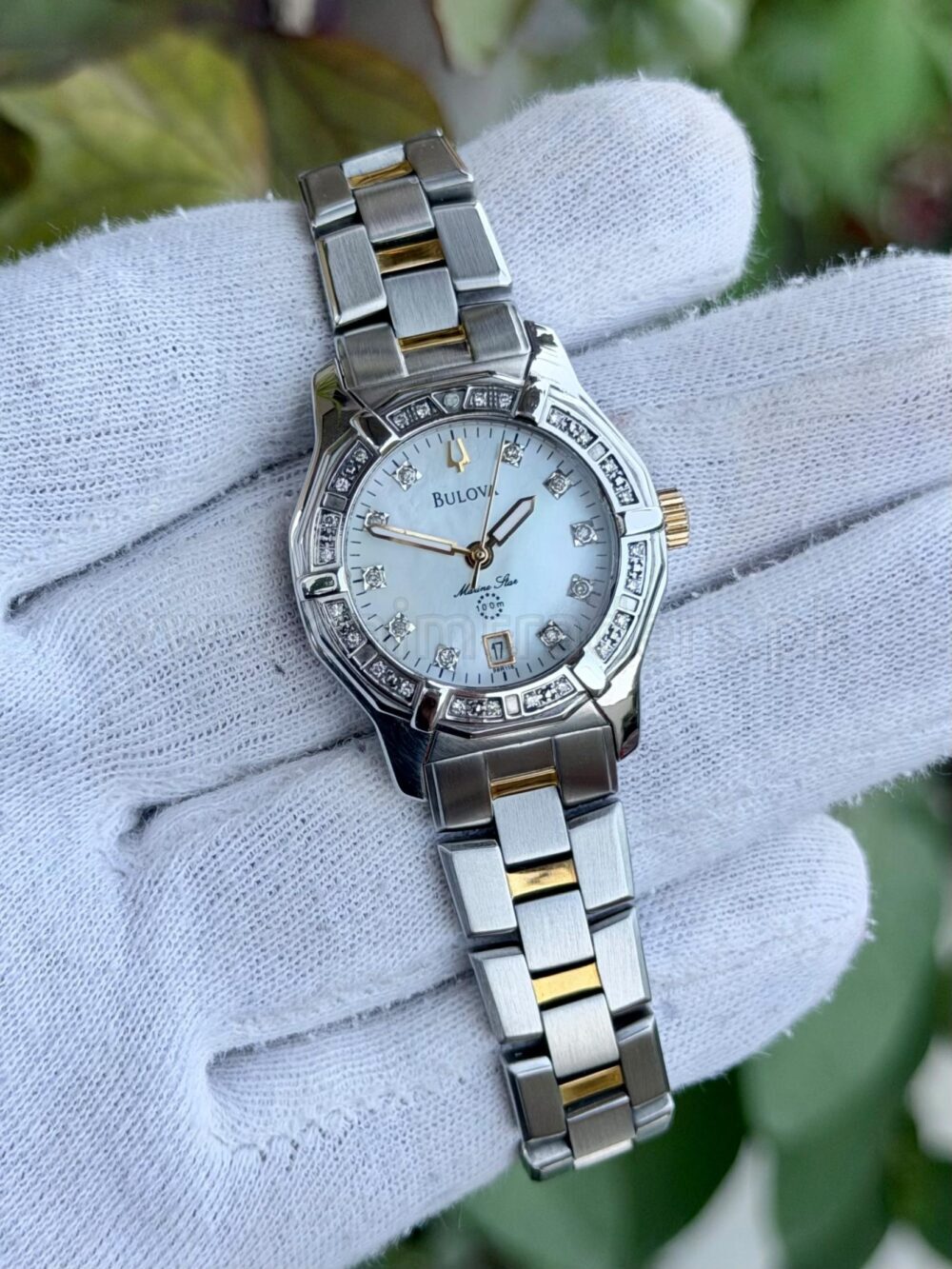 BULOVA Marine Star Diamond 98R118 Mother of Pearl Dial Two-Tone Quartz Ladies