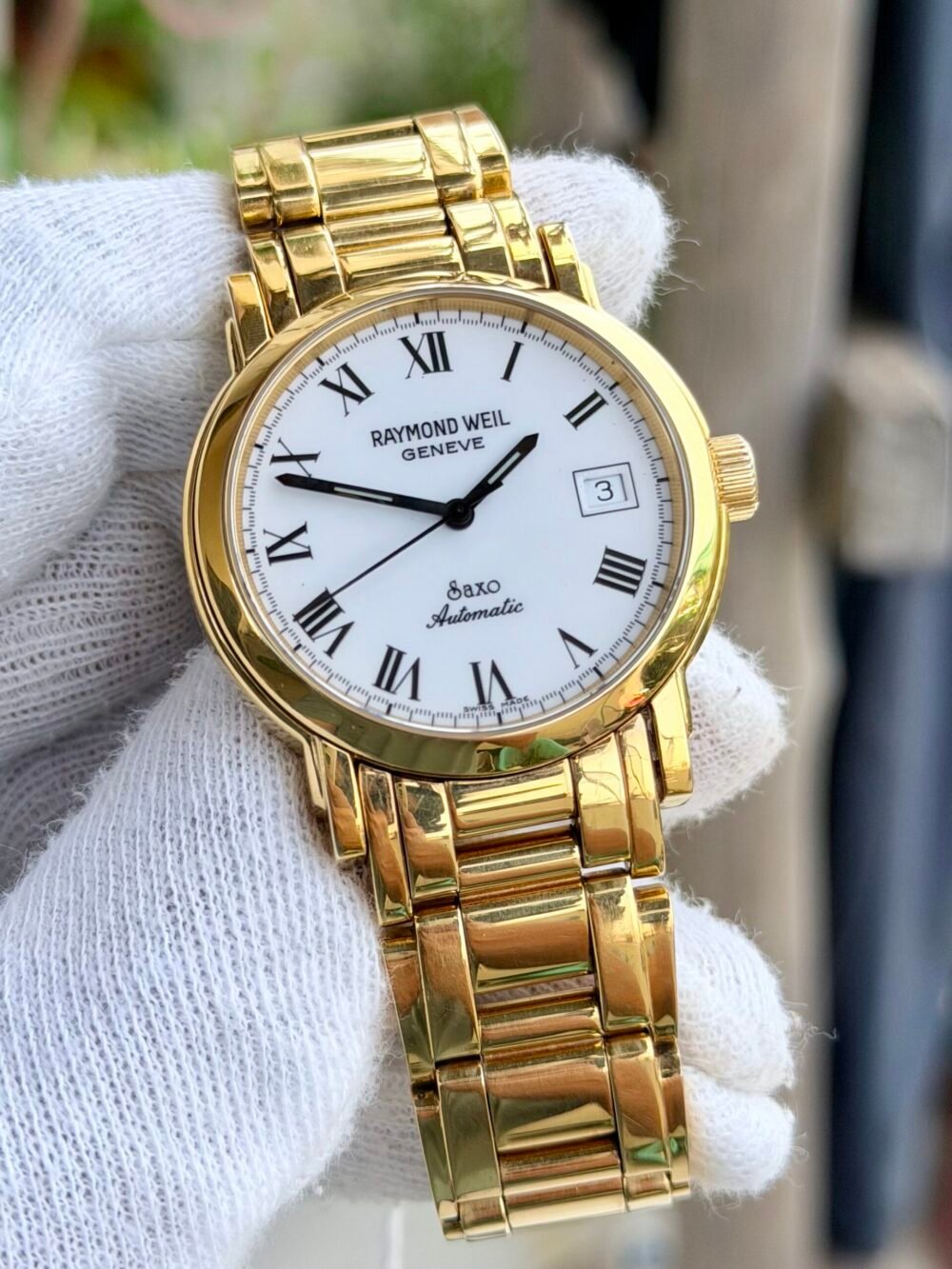 RAYMOND WEIL Saxo 2920 White Roman Dial 18k Gold Plated Automatic Swiss Mens