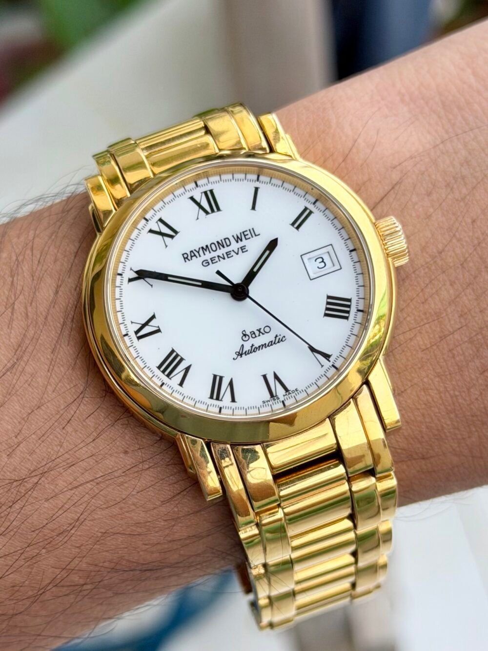 RAYMOND WEIL Saxo 2920 White Roman Dial 18k Gold Plated Automatic Swiss Mens – photo 2