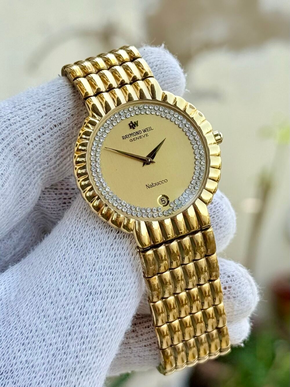 Raymond Weil Nabucco 4085 Gold Dial Crystal Set 18k Gold Plated 36mm Quartz Swiss Mens – photo 4