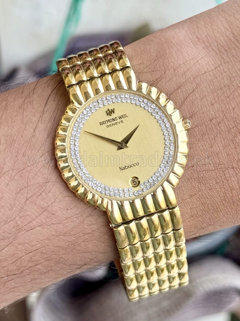 Raymond Weil Nabucco 4085 Gold Dial Crystal Set 18k Gold Plated 36mm Quartz Swiss Mens