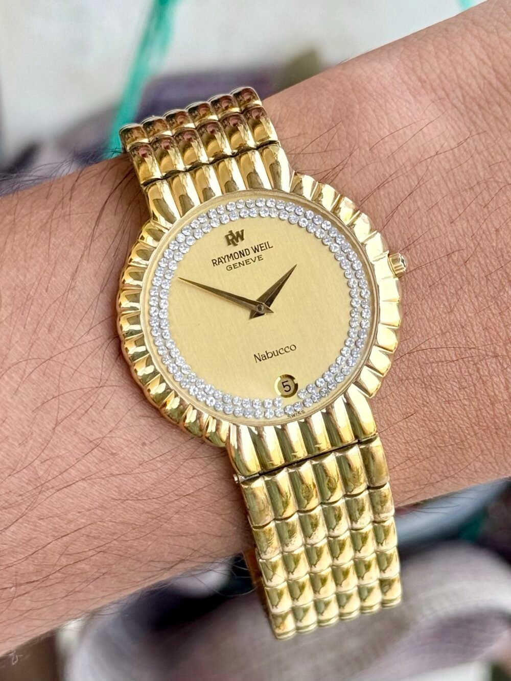 Raymond Weil Nabucco 4085 Gold Dial Crystal Set 18k Gold Plated 36mm Quartz Swiss Mens