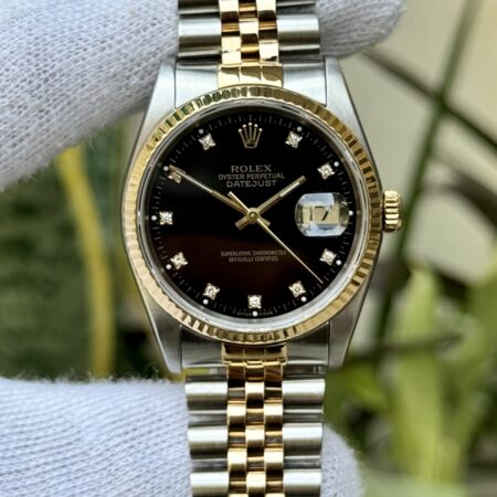ROLEX DateJust 16233 Black Diamond Dial Swiss Mens Gold/Steel