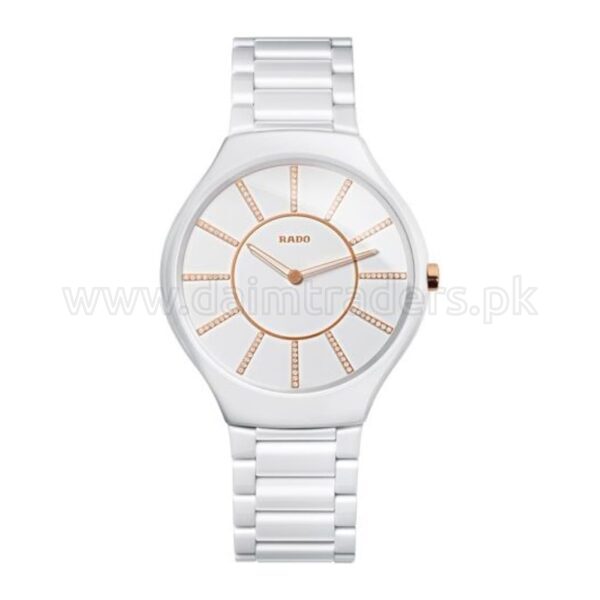 RADO True Thinline Jubile R27957702 White Ceramic Diamonds Rose Gold Quartz Swiss Mens